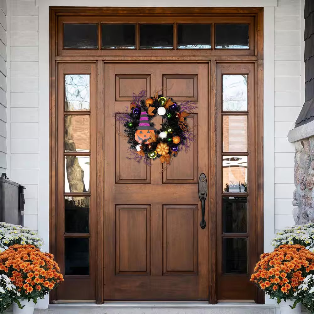 24 In. Black Unlit Jack-O-Lantern in Witches Hat Halloween Wreath