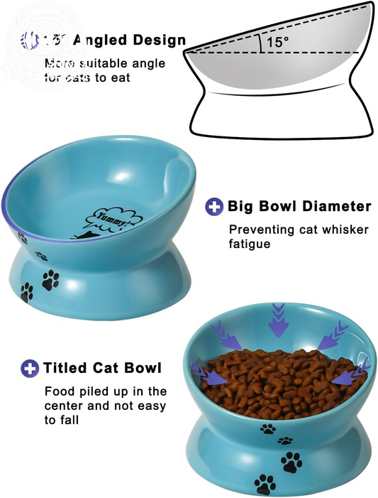 Elevated Cat Food Bowl, Ceramic Raised Bowl, Tilt Angle Protects Cat'S Spine, anti Vomiting Dish, Backflow Prevention, Lake Blue