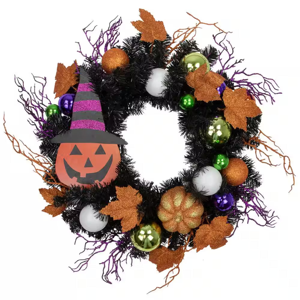 24 In. Black Unlit Jack-O-Lantern in Witches Hat Halloween Wreath