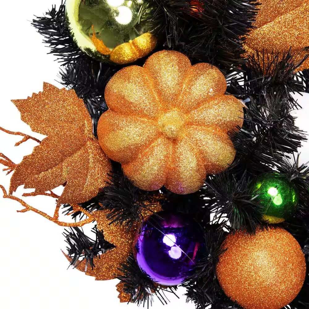 24 In. Black Unlit Jack-O-Lantern in Witches Hat Halloween Wreath