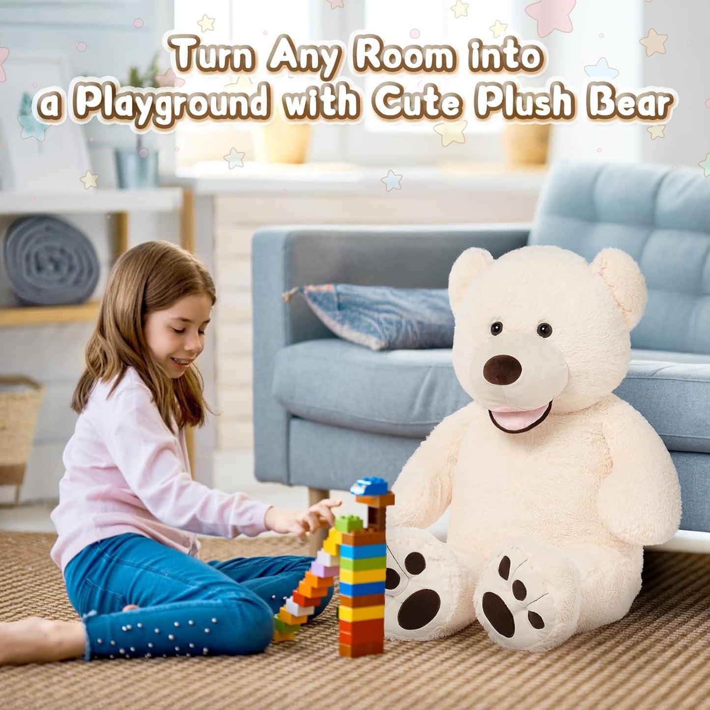 Giant 39-Inch Plush Teddy Bear with Big Footprints - Perfect Gift for Kids in Soft Beige!
