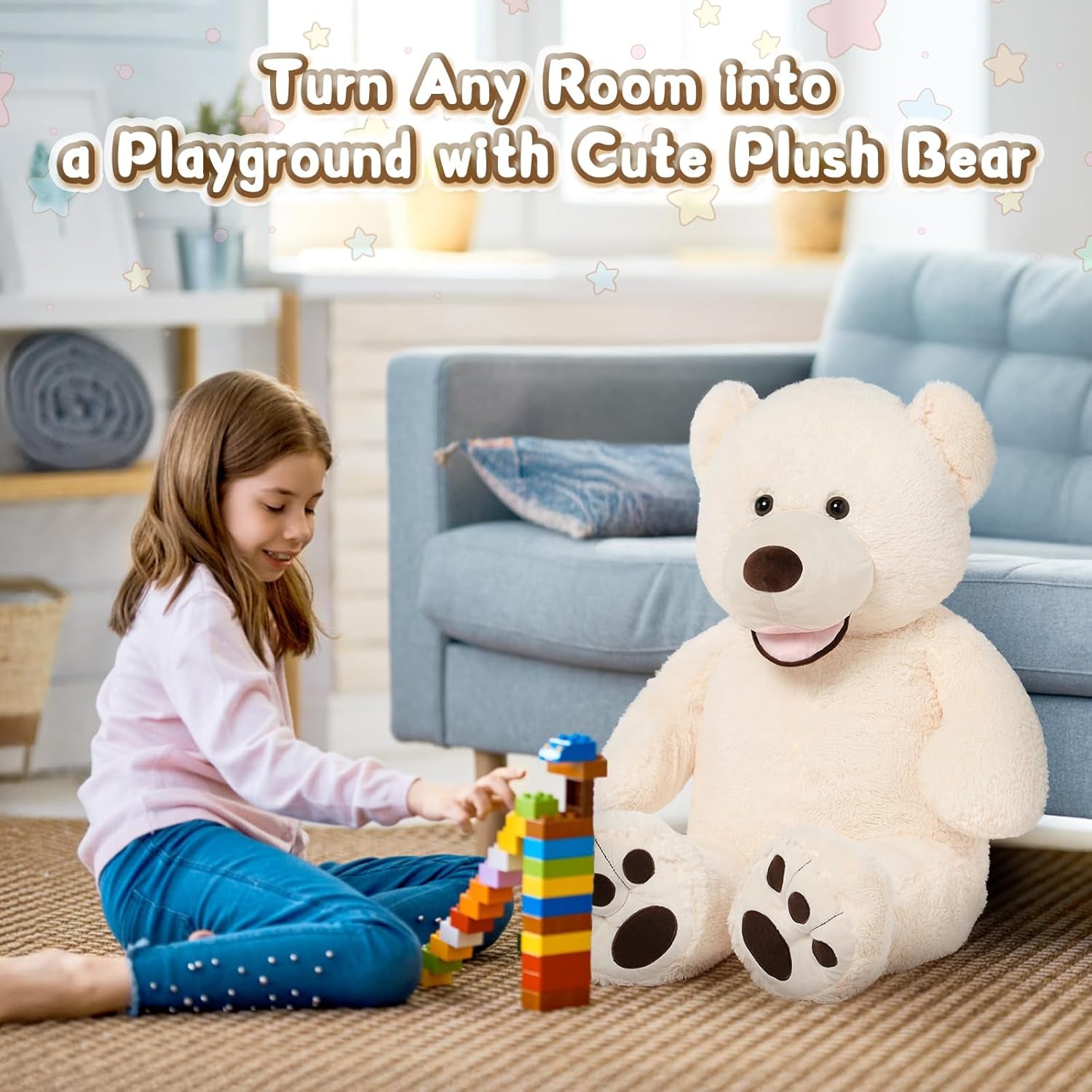Giant 39-Inch Plush Teddy Bear with Big Footprints - Perfect Gift for Kids in Soft Beige!