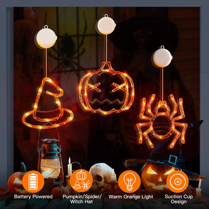 3 Pack Halloween Window Light Spider Witch Hat