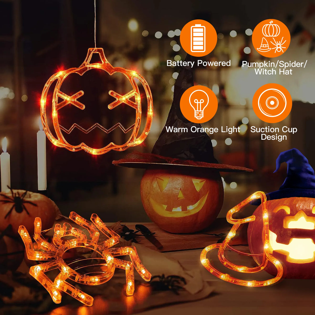 3 Pack Halloween Window Light Spider Witch Hat