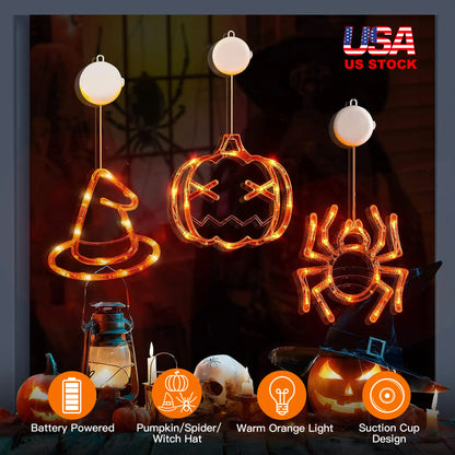 3 Pack Halloween Window Light Spider Witch Hat