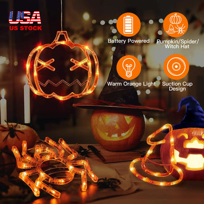 3 Pack Halloween Window Light Spider Witch Hat