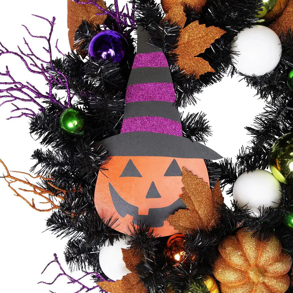 24 In. Black Unlit Jack-O-Lantern in Witches Hat Halloween Wreath
