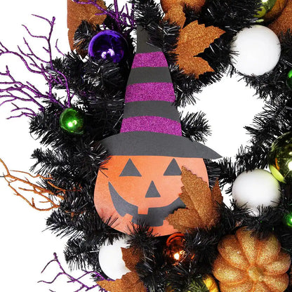 24 In. Black Unlit Jack-O-Lantern in Witches Hat Halloween Wreath
