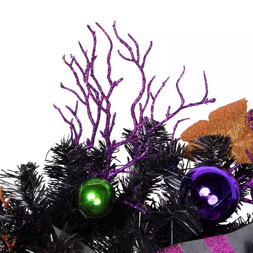 24 In. Black Unlit Jack-O-Lantern in Witches Hat Halloween Wreath