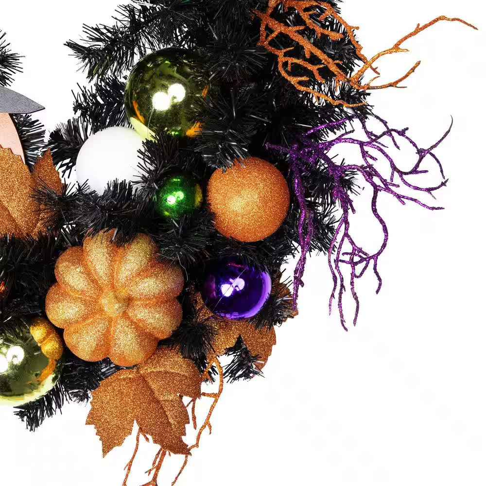 24 In. Black Unlit Jack-O-Lantern in Witches Hat Halloween Wreath