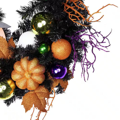 24 In. Black Unlit Jack-O-Lantern in Witches Hat Halloween Wreath