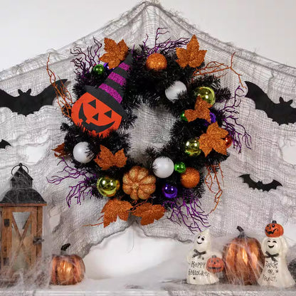 24 In. Black Unlit Jack-O-Lantern in Witches Hat Halloween Wreath