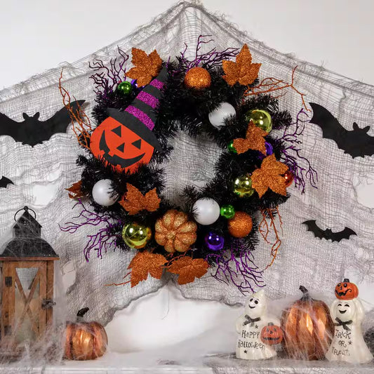 24 In. Black Unlit Jack-O-Lantern in Witches Hat Halloween Wreath