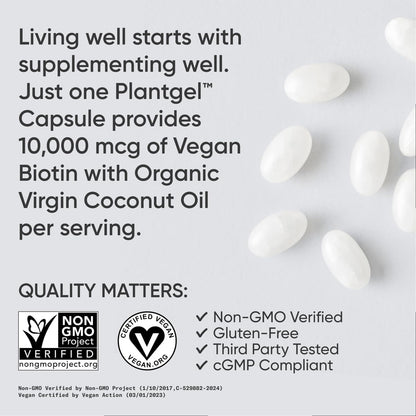 ® Biotin 10,000Mcg with Organic Coconut Oil - Biotin (Vitamin B7) for Healthy Skin and Hair Support* - for Women and Men - Vegan, Non-Gmo, Gluten & Soy-Free - 120 Veggie Softgels
