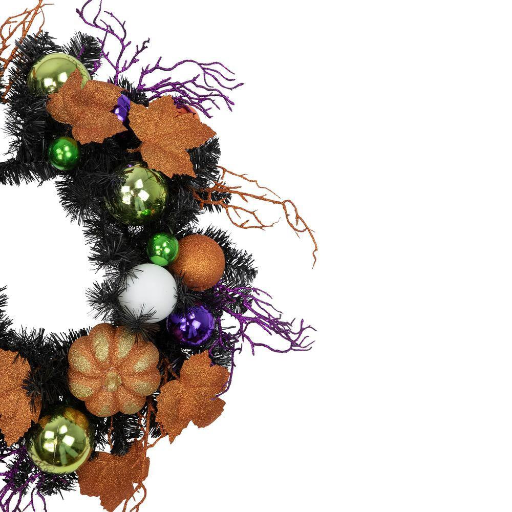 24 In. Black Unlit Jack-O-Lantern in Witches Hat Halloween Wreath