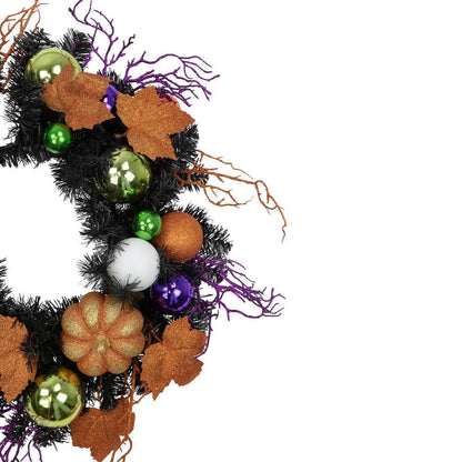 24 In. Black Unlit Jack-O-Lantern in Witches Hat Halloween Wreath