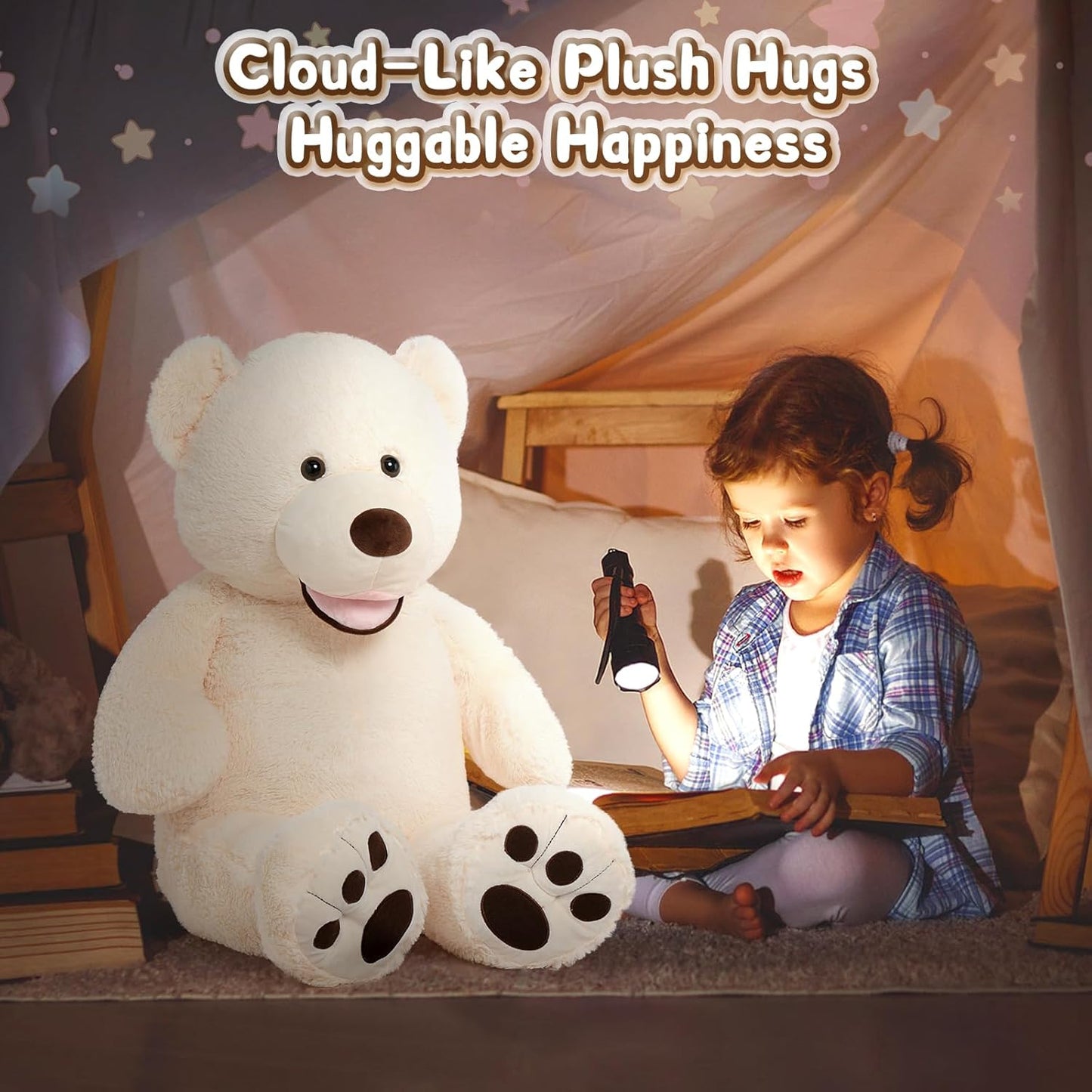 Giant 39-Inch Plush Teddy Bear with Big Footprints - Perfect Gift for Kids in Soft Beige!
