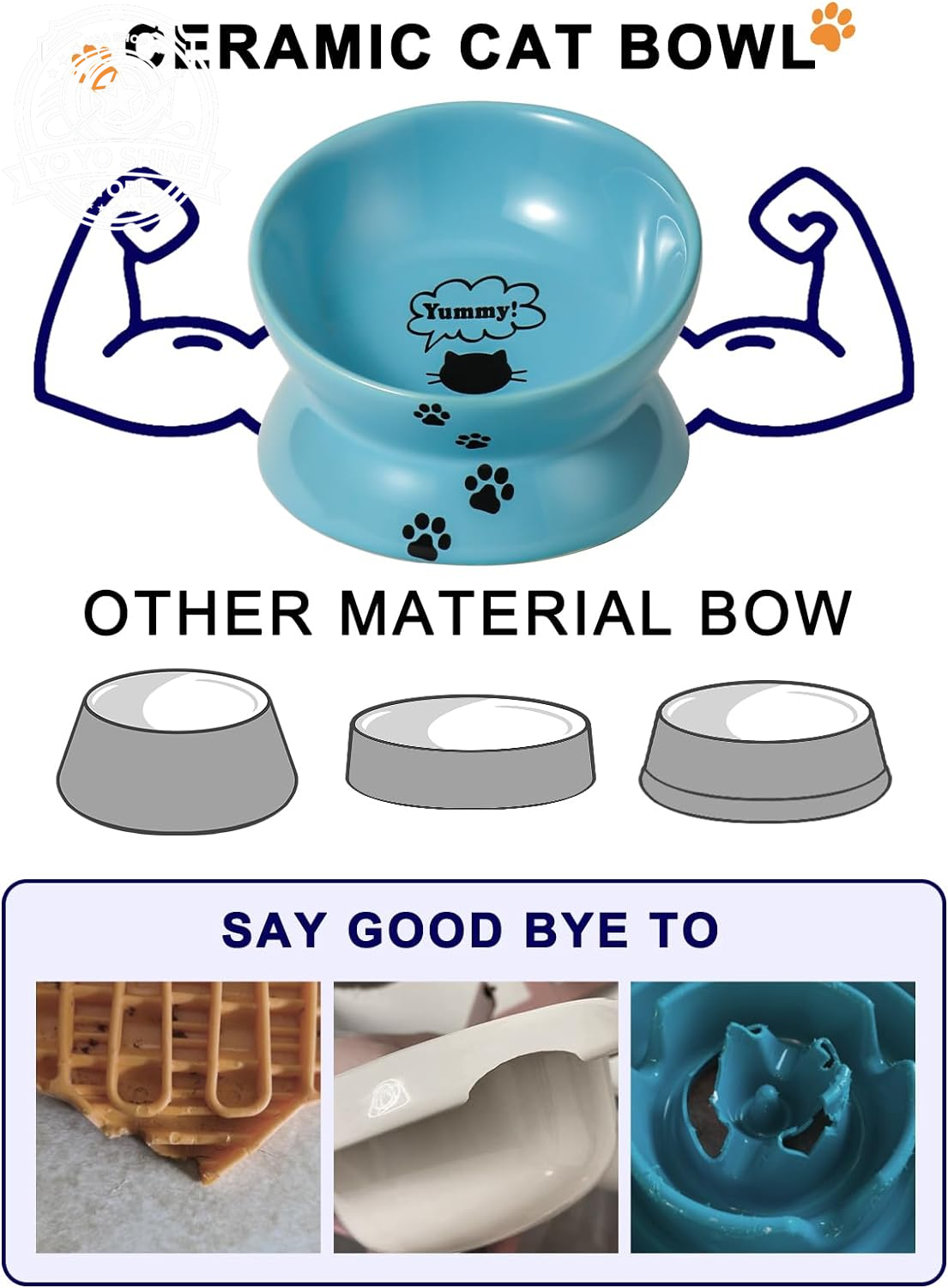 Elevated Cat Food Bowl, Ceramic Raised Bowl, Tilt Angle Protects Cat'S Spine, anti Vomiting Dish, Backflow Prevention, Lake Blue