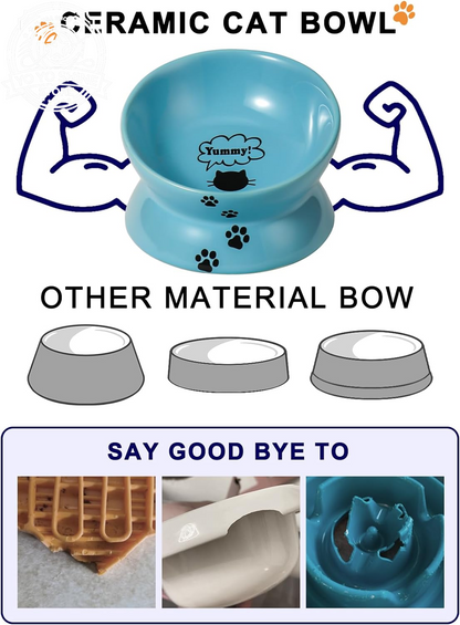 Elevated Cat Food Bowl, Ceramic Raised Bowl, Tilt Angle Protects Cat'S Spine, anti Vomiting Dish, Backflow Prevention, Lake Blue
