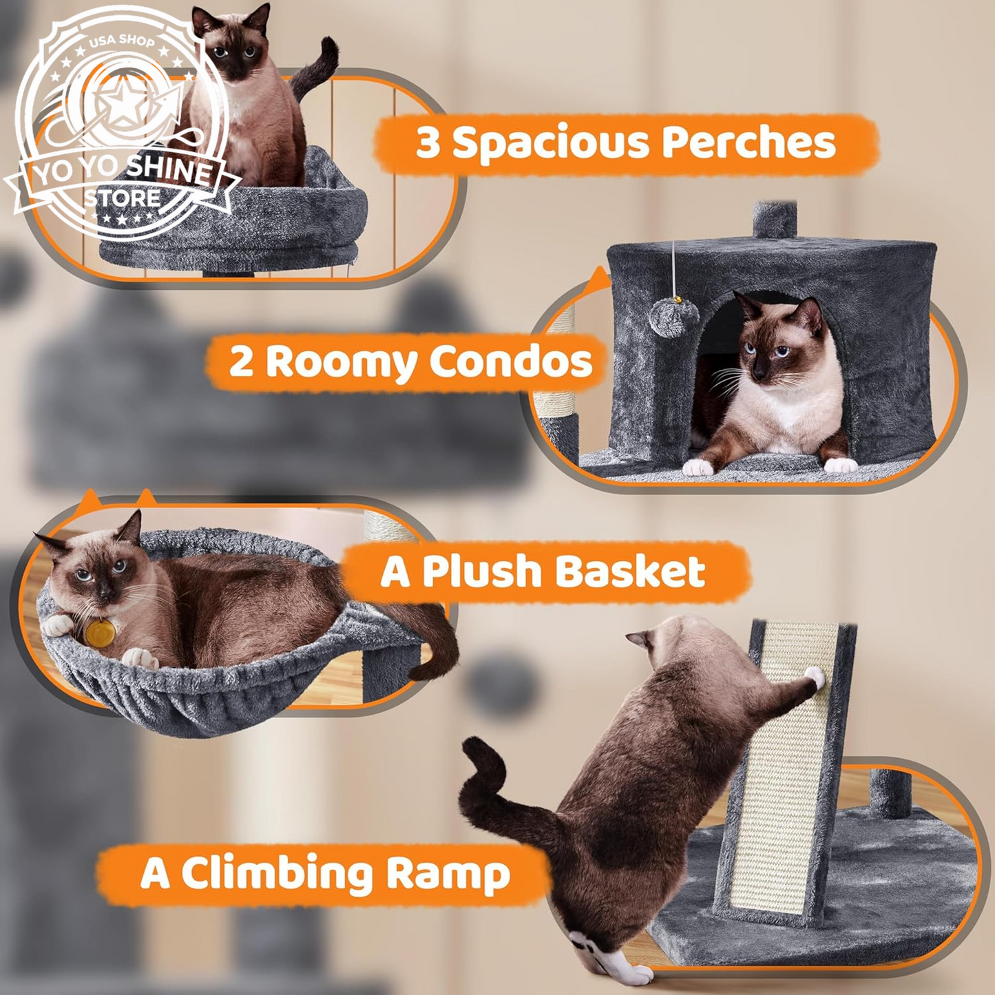 Yaheetech 69In Cat Tree Tower, 2 Condos, Scratching Posts & Cat-Ear Perches