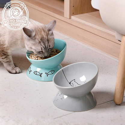 Sweejar Ceramic Raised Cat Bowls, Slanted Cat Dish Food or Water Bowls, Elevated Porcelain Pet Feeder Bowl Protect Cat'S Spine, Stress Free, Backflow Prevention(Grey)
