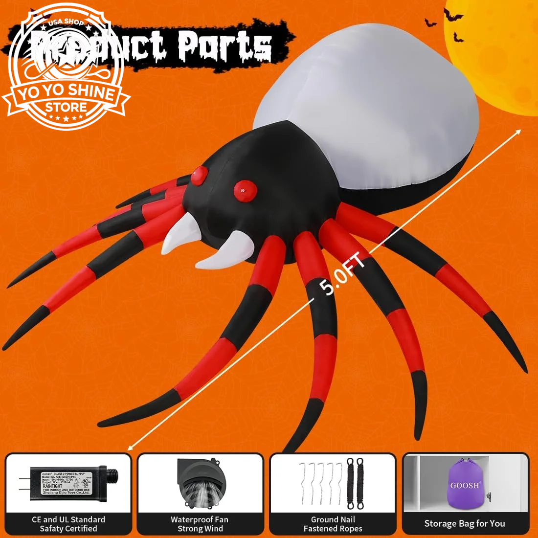 Halloween Inflatable 5 FT Halloween Spider Inflatable, Halloween Blow up Spider Halloween Spider Decoration with LED Lights Built-In, Outdoor Halloween Decorations Clearance for Halloween