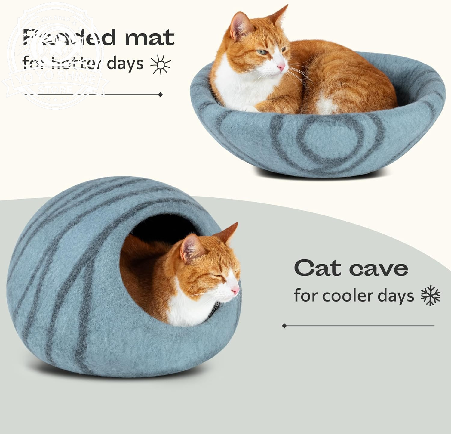 Cat Cave - Merino Wool Bed for Indoor Cats (Aquamarine, Medium)
