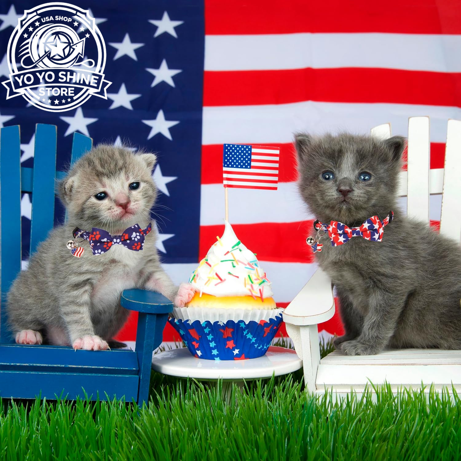 American Flag Cat Collar Breakaway with Bow Tie Bell - 2 Pack 4Th of July Kitten Collar with Removable Bowtie Red Blue American Flag Collars for Cat Kitten
