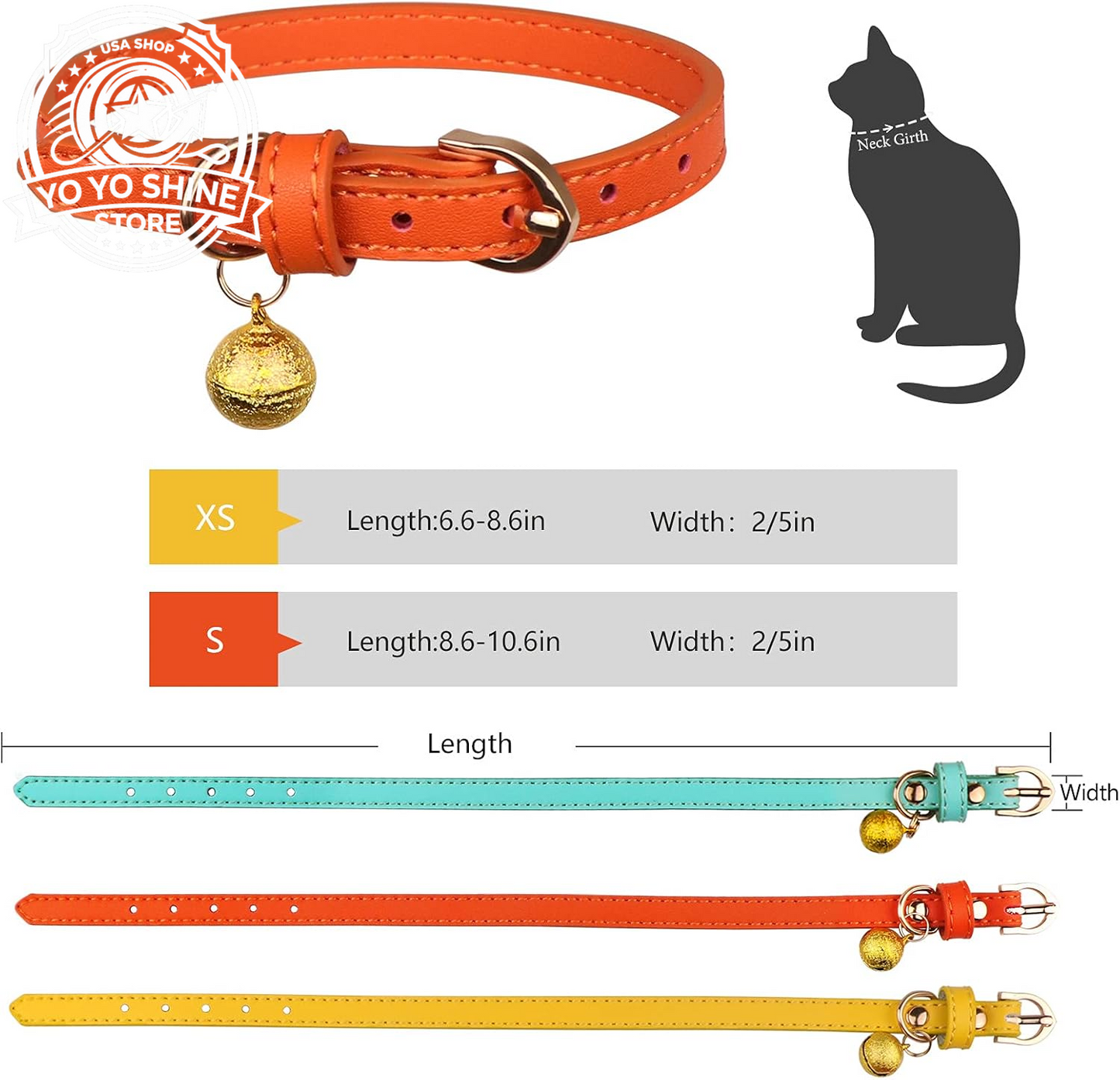 3 Pack Leather Cat Collars with Bells Soft Pet Safety Collar Kitten Collars with Bell Orange Yellow Mint Green(S)