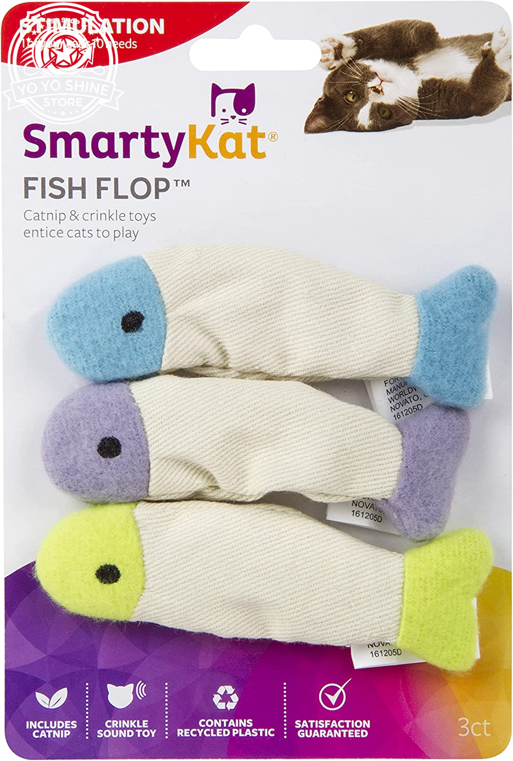 (3 Count) Fish Flop Crinkle Catnip Cat Toys - Multi Color, 3 Count