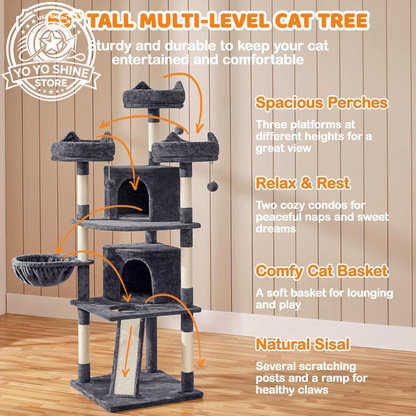 Yaheetech 69In Cat Tree Tower, 2 Condos, Scratching Posts & Cat-Ear Perches