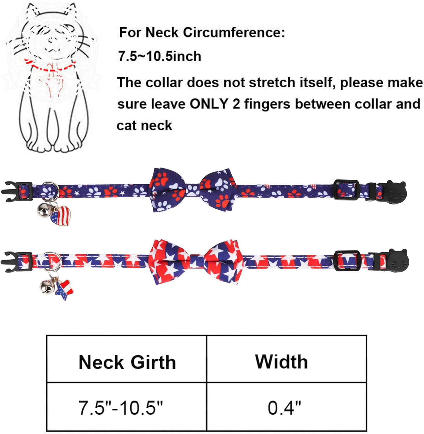 American Flag Cat Collar Breakaway with Bow Tie Bell - 2 Pack 4Th of July Kitten Collar with Removable Bowtie Red Blue American Flag Collars for Cat Kitten