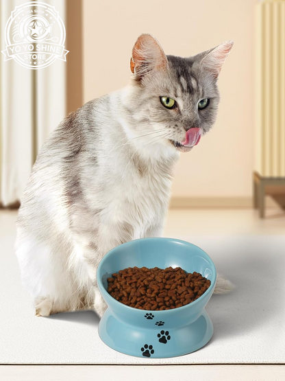 Elevated Cat Food Bowl, Ceramic Raised Bowl, Tilt Angle Protects Cat'S Spine, anti Vomiting Dish, Backflow Prevention, Lake Blue