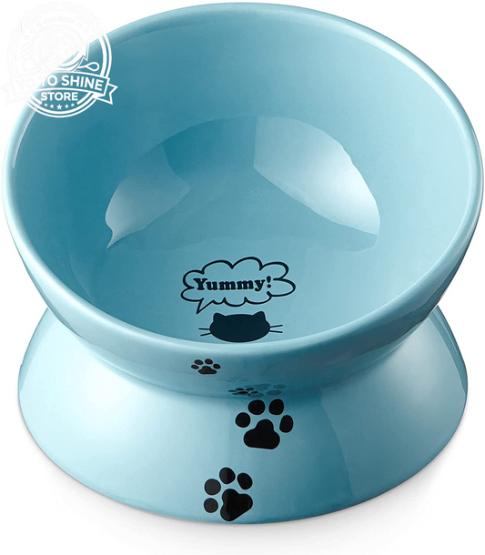 Elevated Cat Food Bowl, Ceramic Raised Bowl, Tilt Angle Protects Cat'S Spine, anti Vomiting Dish, Backflow Prevention, Lake Blue