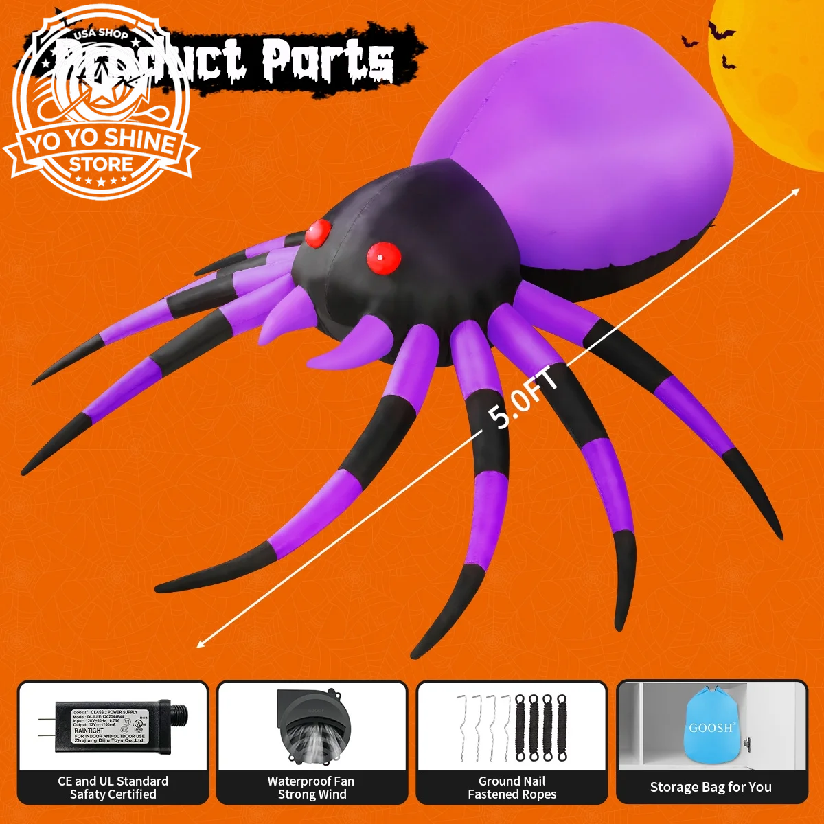 Halloween Inflatable 5 FT Halloween Spider Inflatable, Inflatable Halloween Spider Halloween Blow up Spider with LED Lights, Outdoor Halloween Decorations Clearance for Halloween/Holiday/Party
