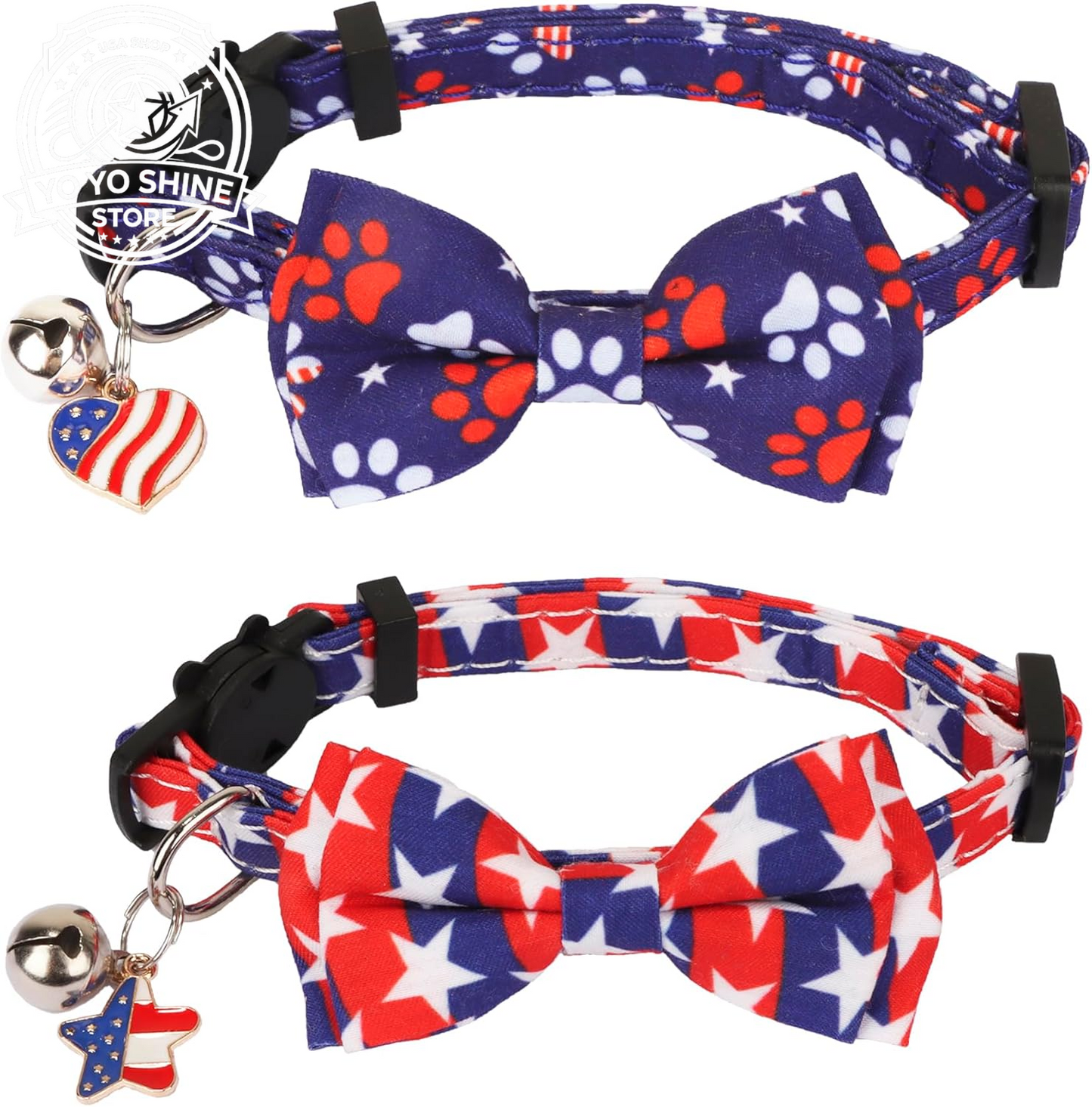 American Flag Cat Collar Breakaway with Bow Tie Bell - 2 Pack 4Th of July Kitten Collar with Removable Bowtie Red Blue American Flag Collars for Cat Kitten