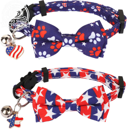American Flag Cat Collar Breakaway with Bow Tie Bell - 2 Pack 4Th of July Kitten Collar with Removable Bowtie Red Blue American Flag Collars for Cat Kitten