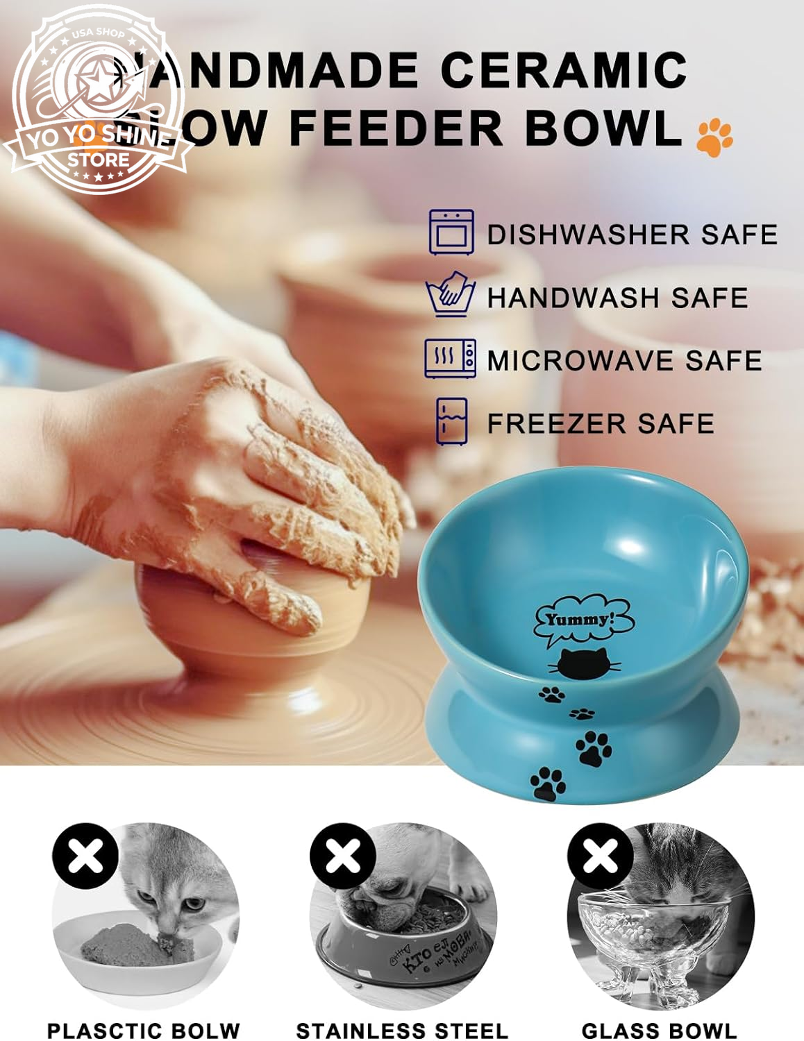 Elevated Cat Food Bowl, Ceramic Raised Bowl, Tilt Angle Protects Cat'S Spine, anti Vomiting Dish, Backflow Prevention, Lake Blue