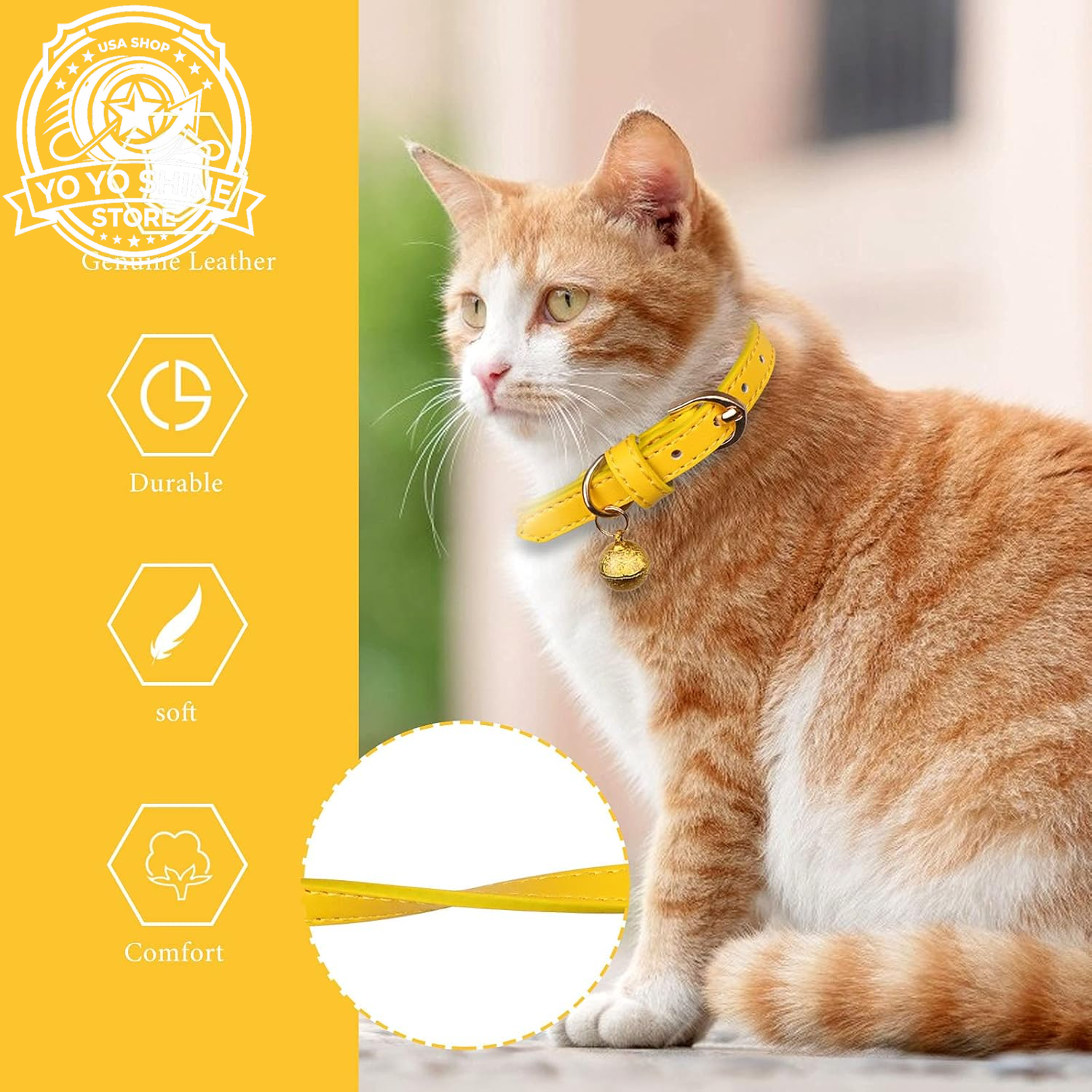 3 Pack Leather Cat Collars with Bells Soft Pet Safety Collar Kitten Collars with Bell Orange Yellow Mint Green(S)
