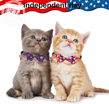 American Flag Cat Collar Breakaway with Bow Tie Bell - 2 Pack 4Th of July Kitten Collar with Removable Bowtie Red Blue American Flag Collars for Cat Kitten