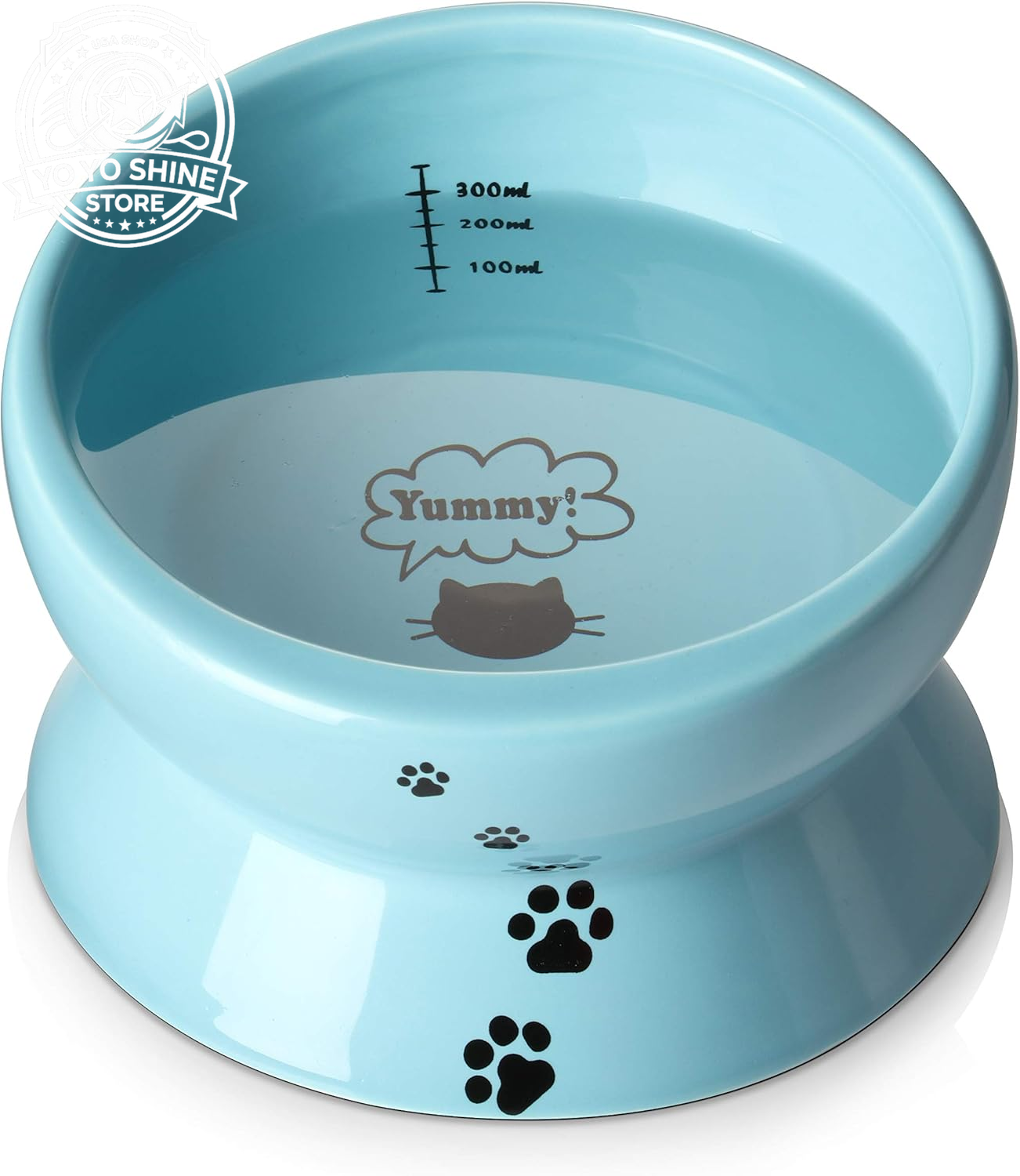 Elevated Cat Food Bowl, Ceramic Raised Bowl, Tilt Angle Protects Cat'S Spine, anti Vomiting Dish, Backflow Prevention, Lake Blue