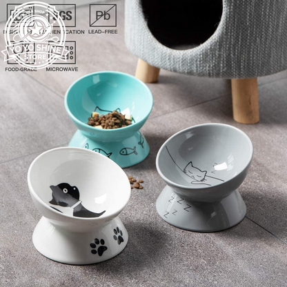 Sweejar Ceramic Raised Cat Bowls, Slanted Cat Dish Food or Water Bowls, Elevated Porcelain Pet Feeder Bowl Protect Cat'S Spine, Stress Free, Backflow Prevention(Grey)