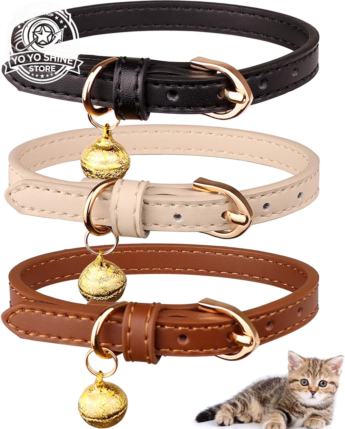 3 Pack Leather Cat Collars with Bells Soft Pet Safety Collar Kitten Collars with Bell Orange Yellow Mint Green(S)