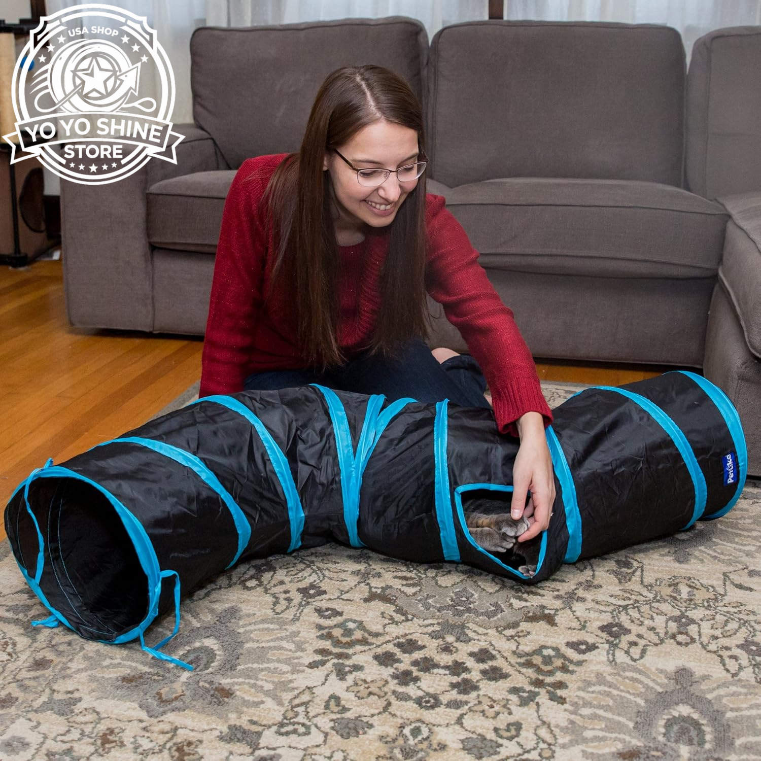 S Cat Tunnel Collapsible Pop-Up Pet Tube Hideaway Play Toy with Ball (1 Way, Black)