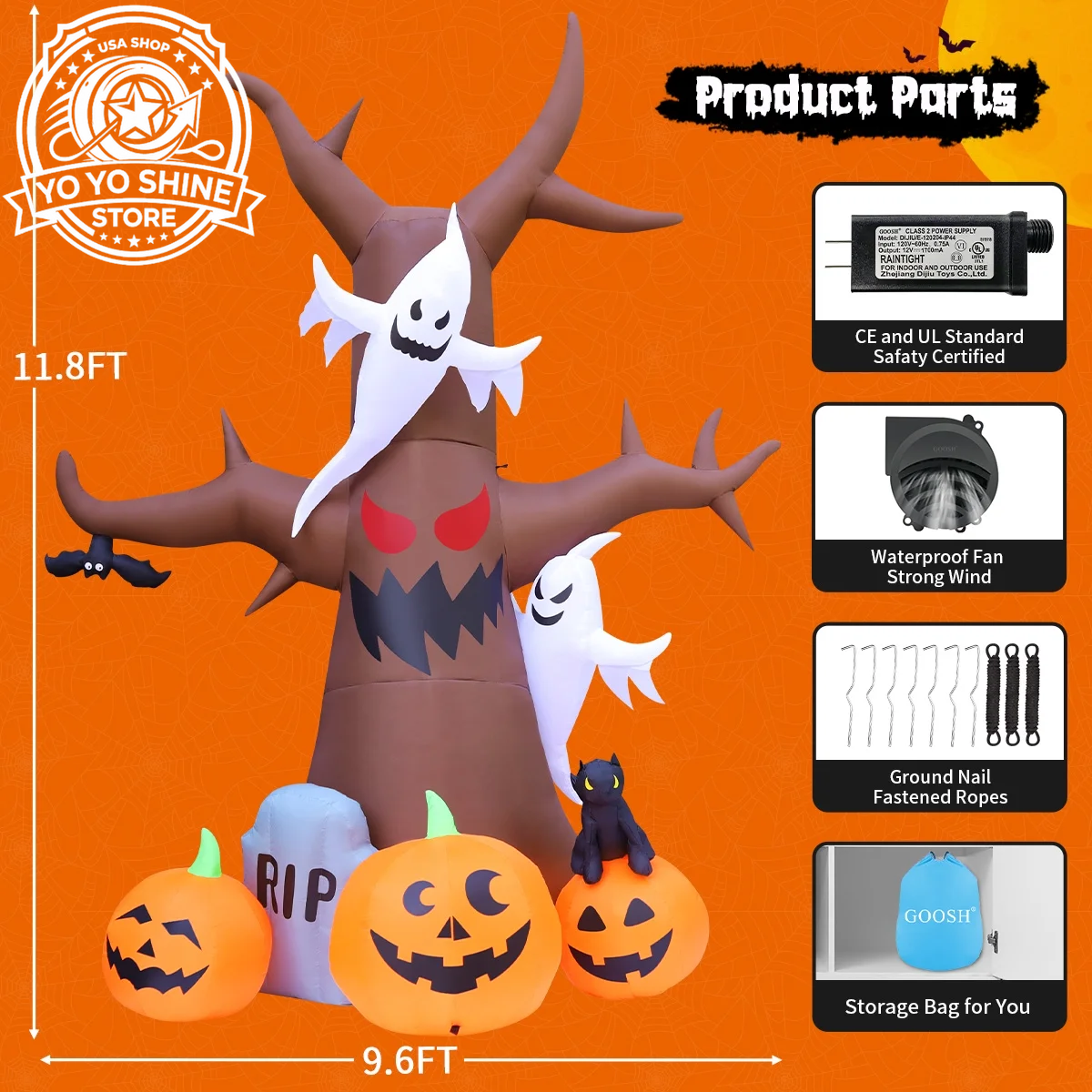 Halloween Inflatable 11.8 FT Inflatable Halloween Tree, Halloween Inflatable Tree Scary Halloween Blow up Tree with LED Lights, Outdoor Halloween Decorations Clearance for Halloween/Holiday