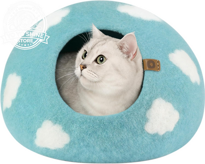 Cat Cave - Merino Wool Bed for Indoor Cats (Aquamarine, Medium)