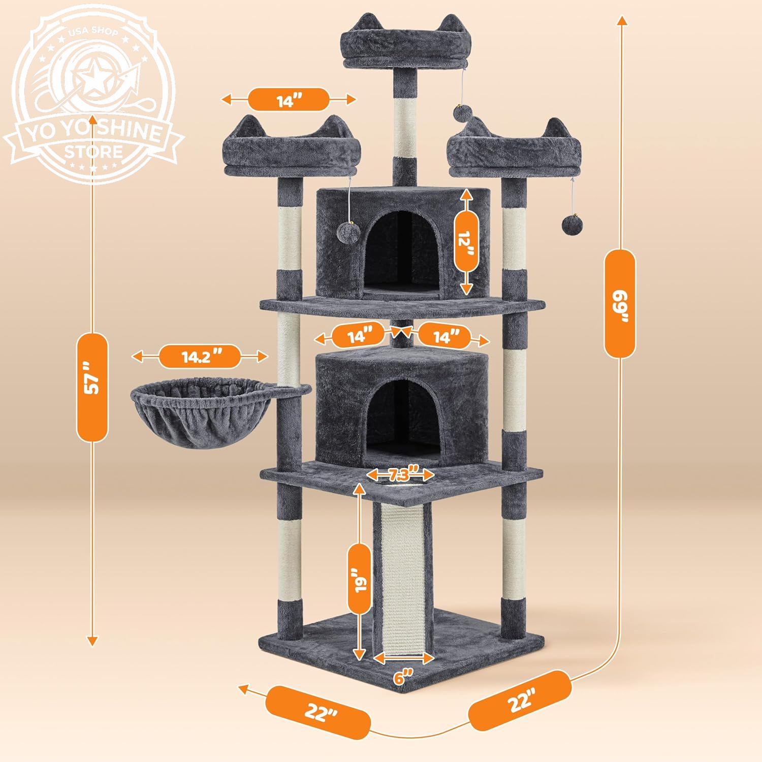 Yaheetech 69In Cat Tree Tower, 2 Condos, Scratching Posts & Cat-Ear Perches