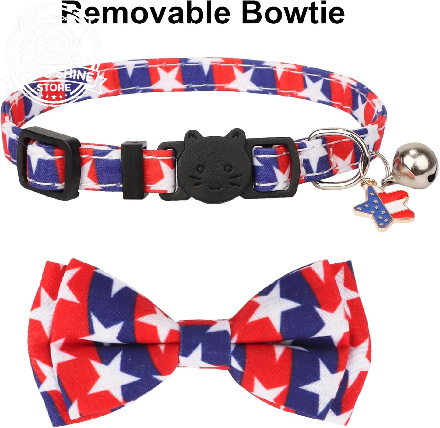 American Flag Cat Collar Breakaway with Bow Tie Bell - 2 Pack 4Th of July Kitten Collar with Removable Bowtie Red Blue American Flag Collars for Cat Kitten
