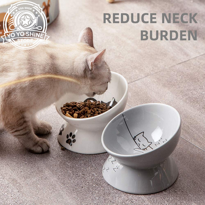 Sweejar Ceramic Raised Cat Bowls, Slanted Cat Dish Food or Water Bowls, Elevated Porcelain Pet Feeder Bowl Protect Cat'S Spine, Stress Free, Backflow Prevention(Grey)