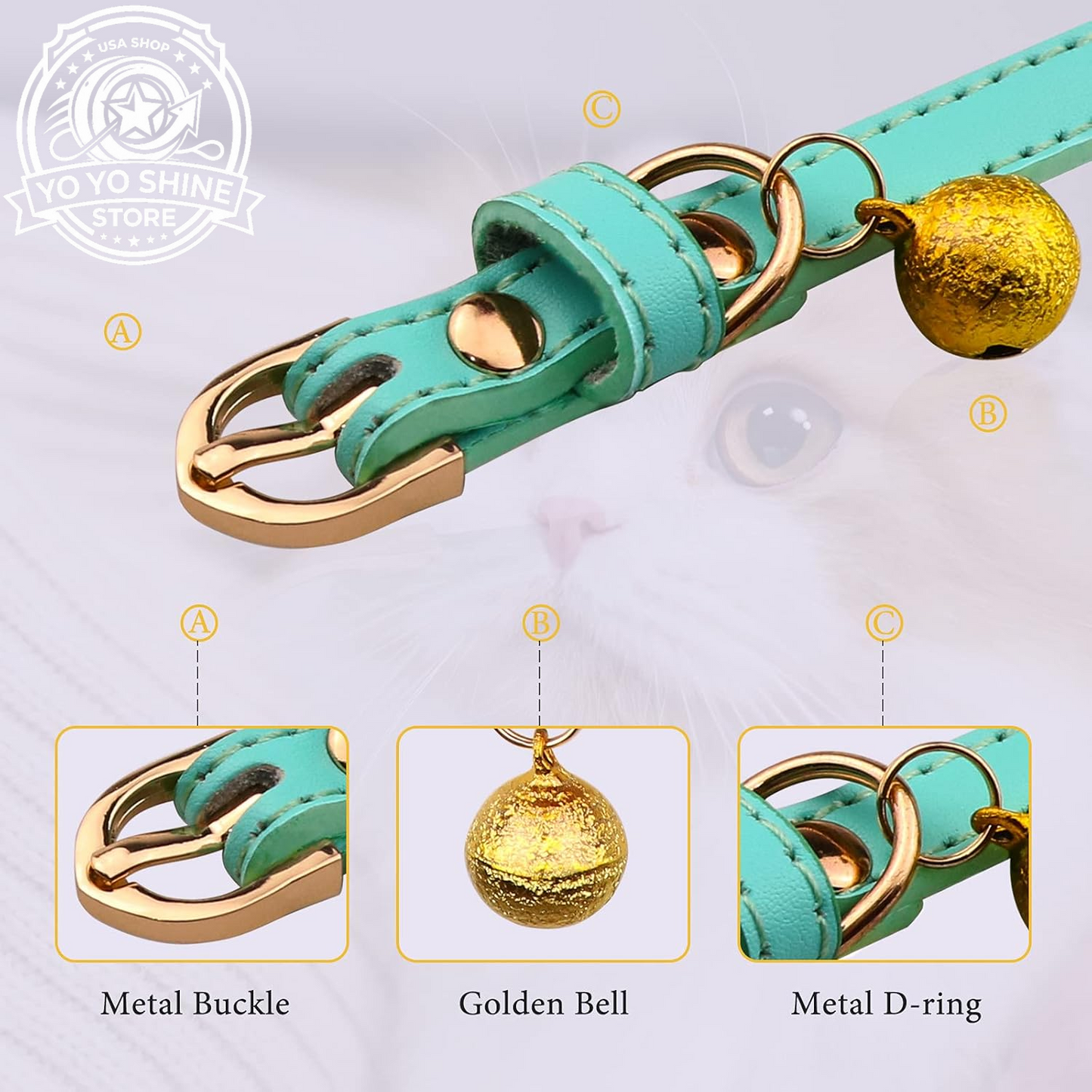 3 Pack Leather Cat Collars with Bells Soft Pet Safety Collar Kitten Collars with Bell Orange Yellow Mint Green(S)